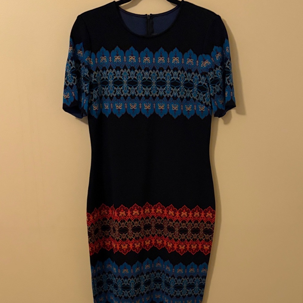 St. John Black Midi Dress with Blue and Red Patterned Bands Size 8